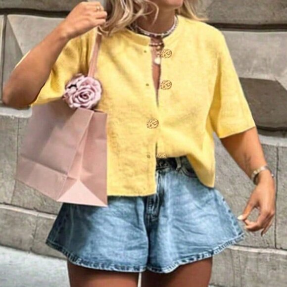 Yellow Casual Women's Plus Size Loose Knitted Short Slouchy Cardigan Top - Picture 4 of 8